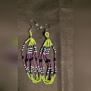 Handcrafted Beaded Earrings - Green and Purple